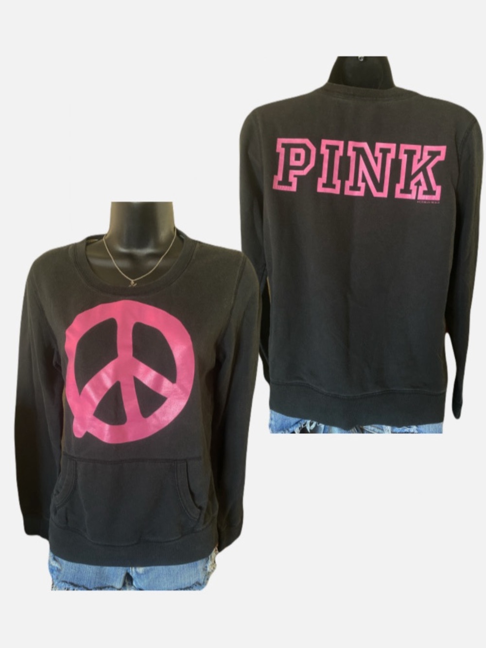 Y2k Victoria’s Secret PINK Black & Hot Pink Peace Sign Crewneck Sweater